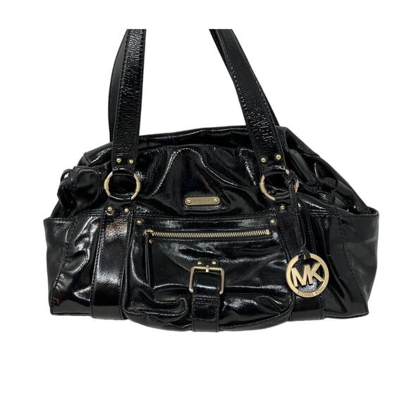 Michael Kors Patent Leather Satchel Bag Handbag Black Gold RESHOOT - Picture 1 of 8
